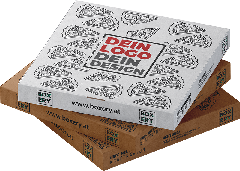 Weiße und naturbraune BOXERY Pizzakartons mit individuellem Druck