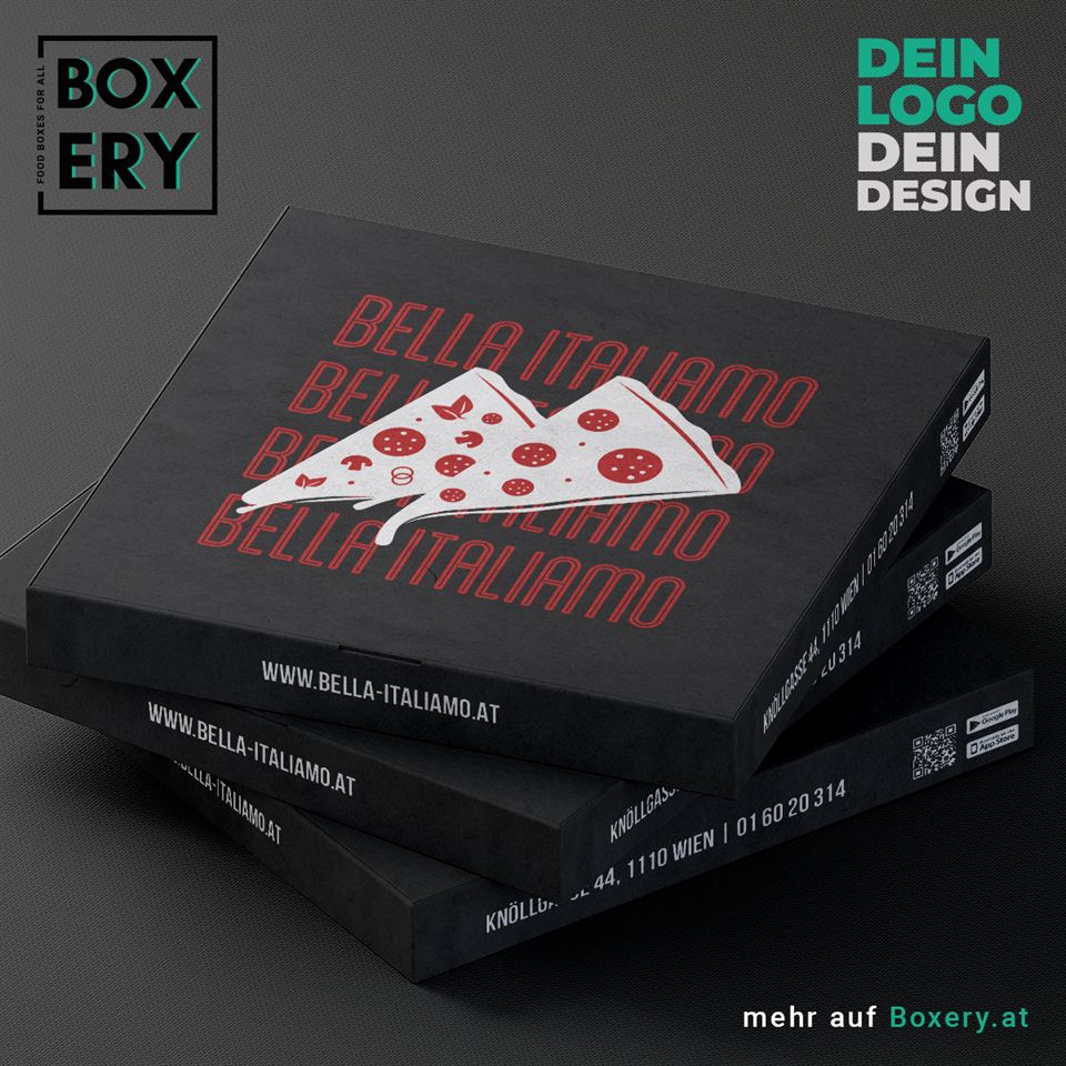 Schwarzer Pizzakarton mit rotem Bella Italiano Design