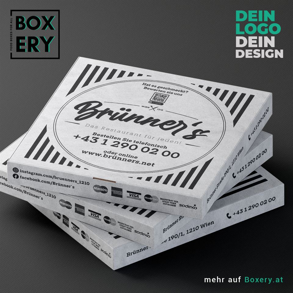 Weißer Pizzakarton mit grafischem schwarz-weißem Design
