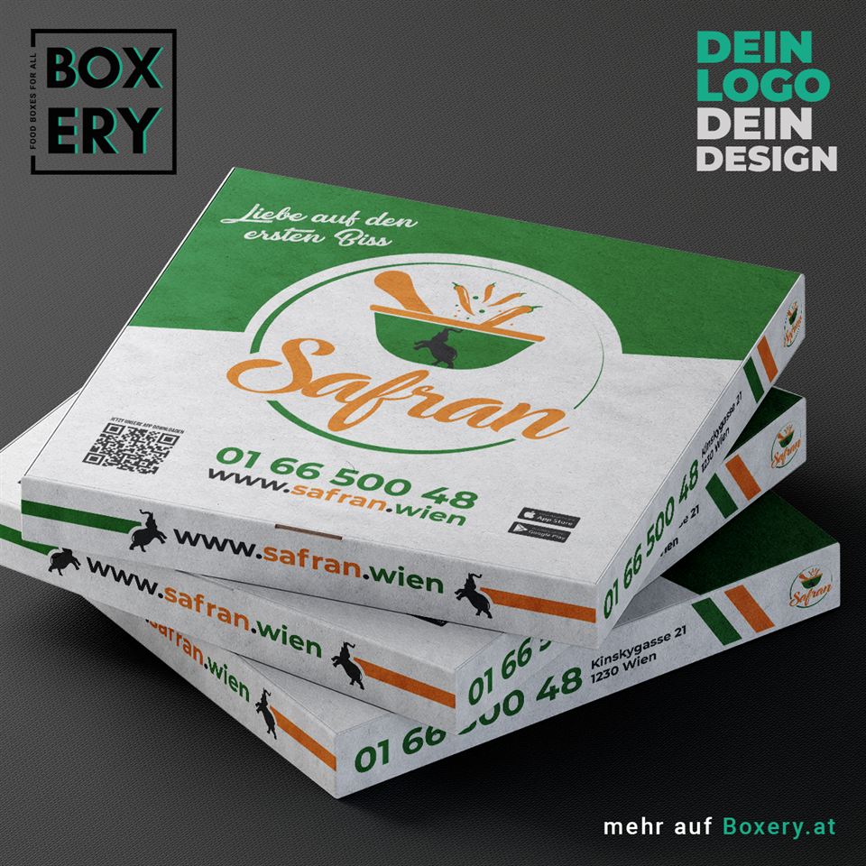 Weißer Pizzakarton mit grün-orangefarbenem Safran Design